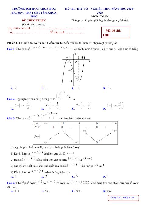 Đề thi thử tốt nghiệp THPT 2025 môn Toán trường THPT chuyên Khoa học Huế (bản Word)